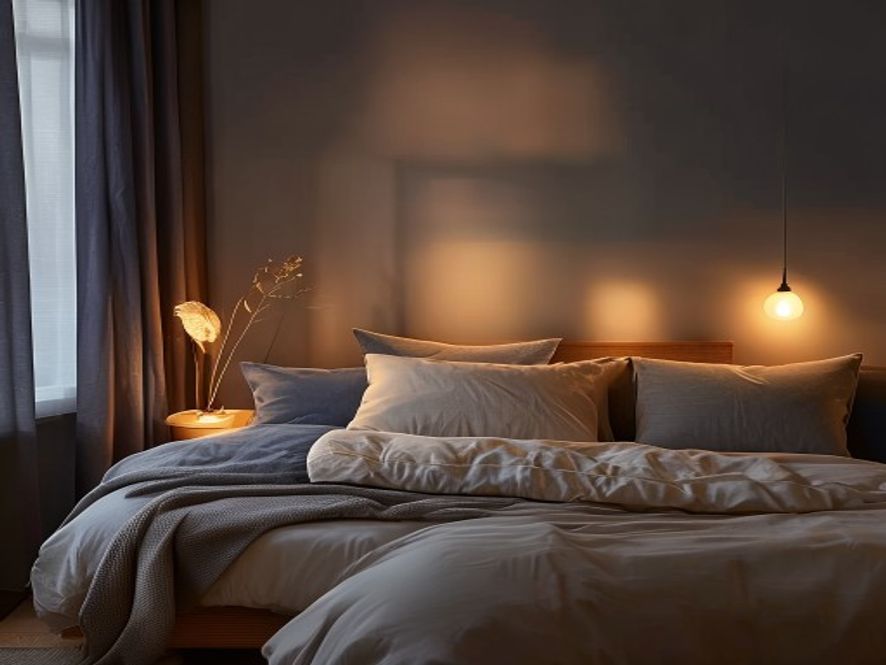 Calm bedroom at dusk with soft warm lighting, neatly arranged pillows, and minimalist décor
