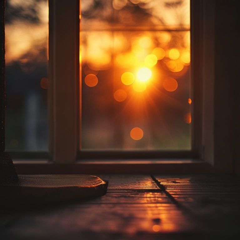 Warm evening lighting with soft amber glow near a window, peaceful ambiance